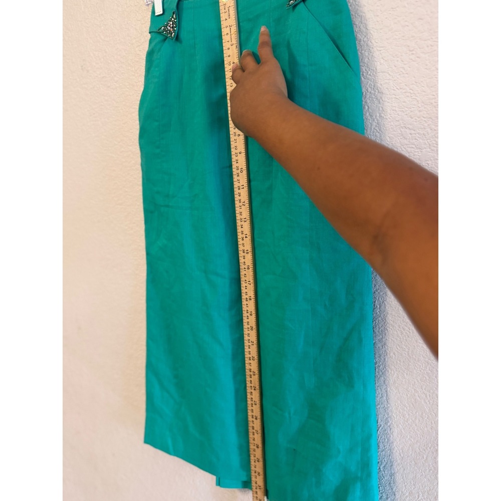 Joseph Ho Green Ramie Cotton Pencil Skirt Embellished Waist Size 6 Vintage - Picture 9 of 13